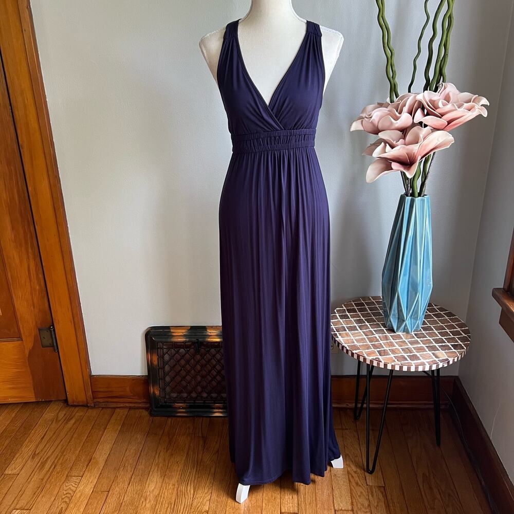 Sienna Sky Plunge Neck Maxi Dress Criss Cross Back Women's Size XS Navy Blue EUC
